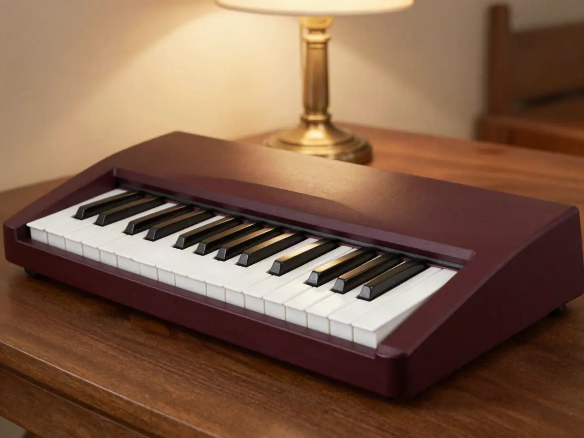 A 61-key portable keyboard on a stand in a bedroom
