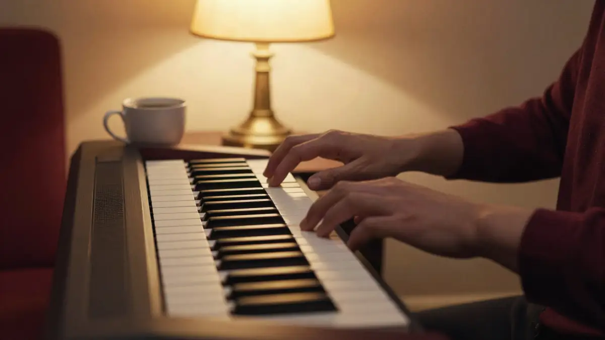 Adult beginner's hands resting on the keys of a digital piano at home