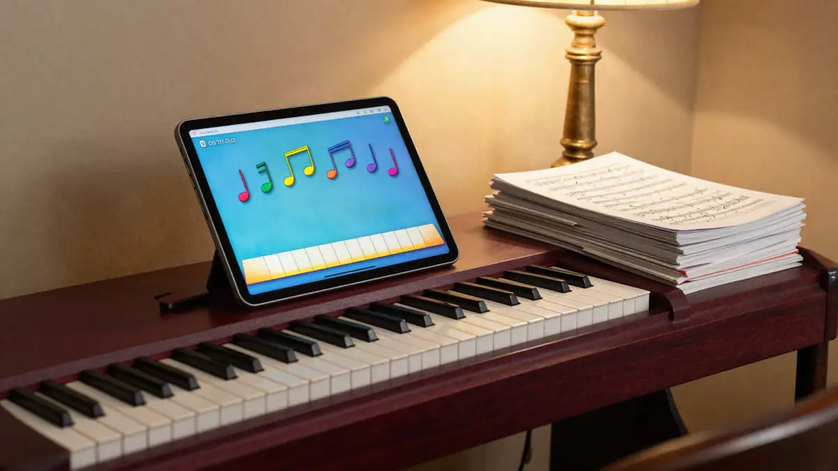 A tablet piano app on a digital piano next to a stack of printed piano books