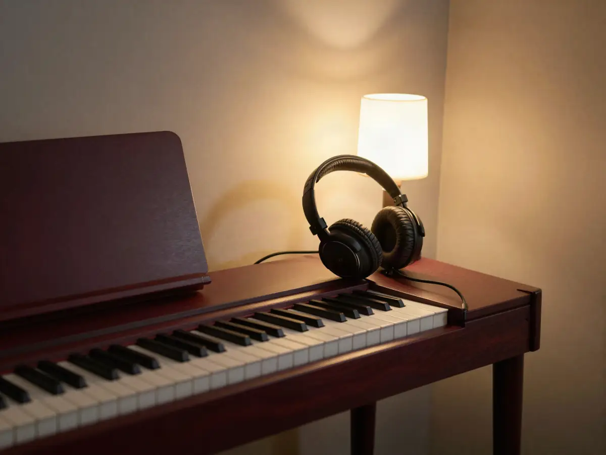An adult practicing piano with headphones late in the evening