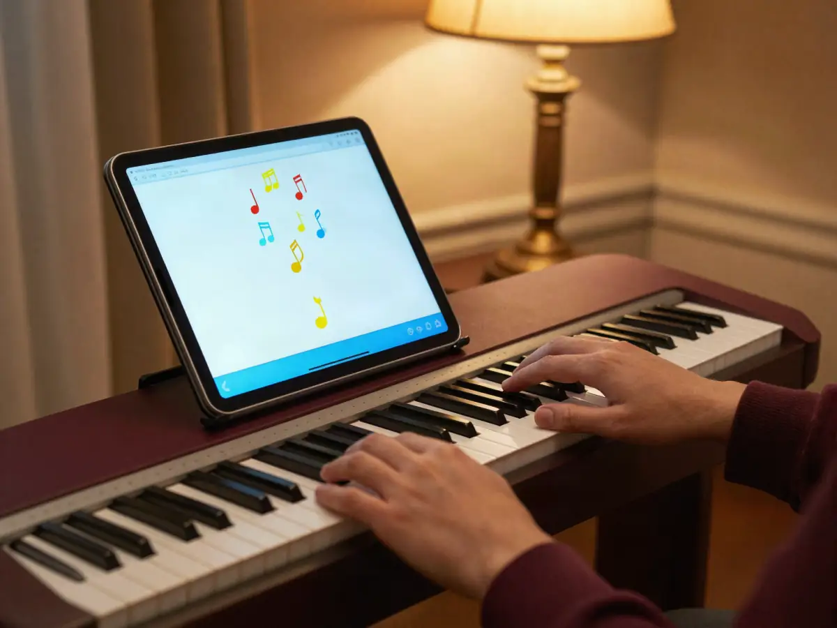 A tablet piano app on a music stand above a MIDI keyboard