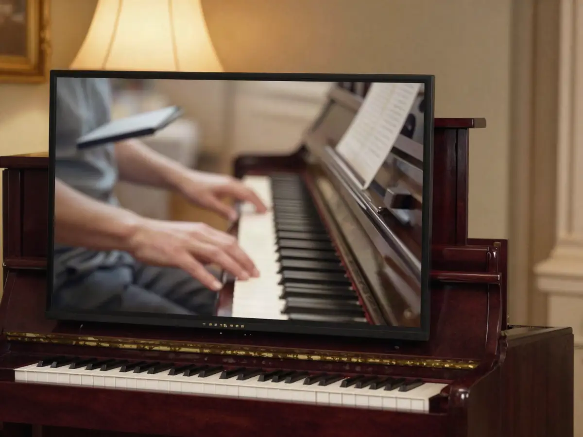 A piano video lesson playing on a laptop beside a keyboard