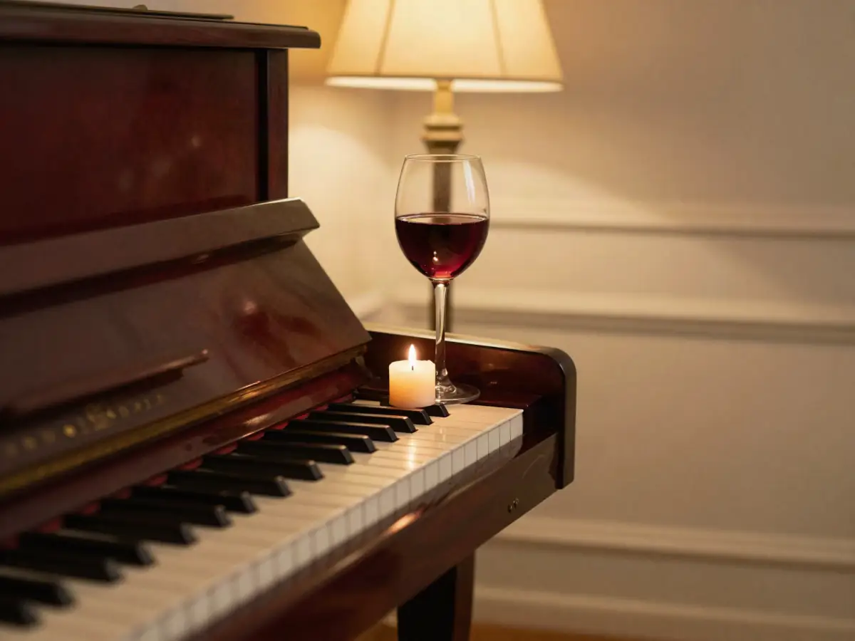 Grand piano keys with a lit candle on top of the piano