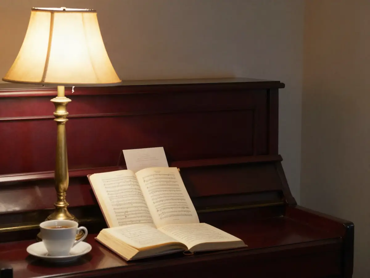 Upright piano with a lamp, coffee and an open songbook in the evening