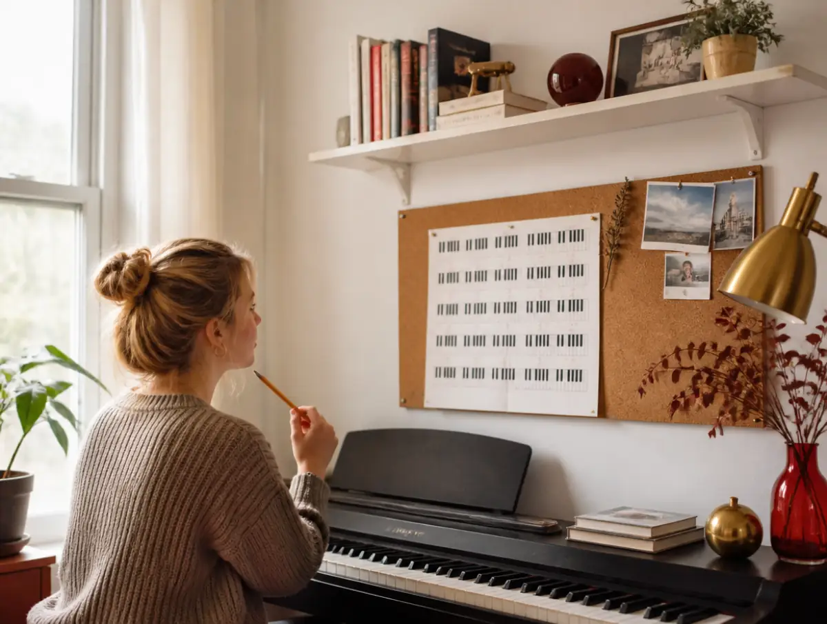 Printed piano chord chart stuck to a fridge with a magnet, some chords ticked off in pen