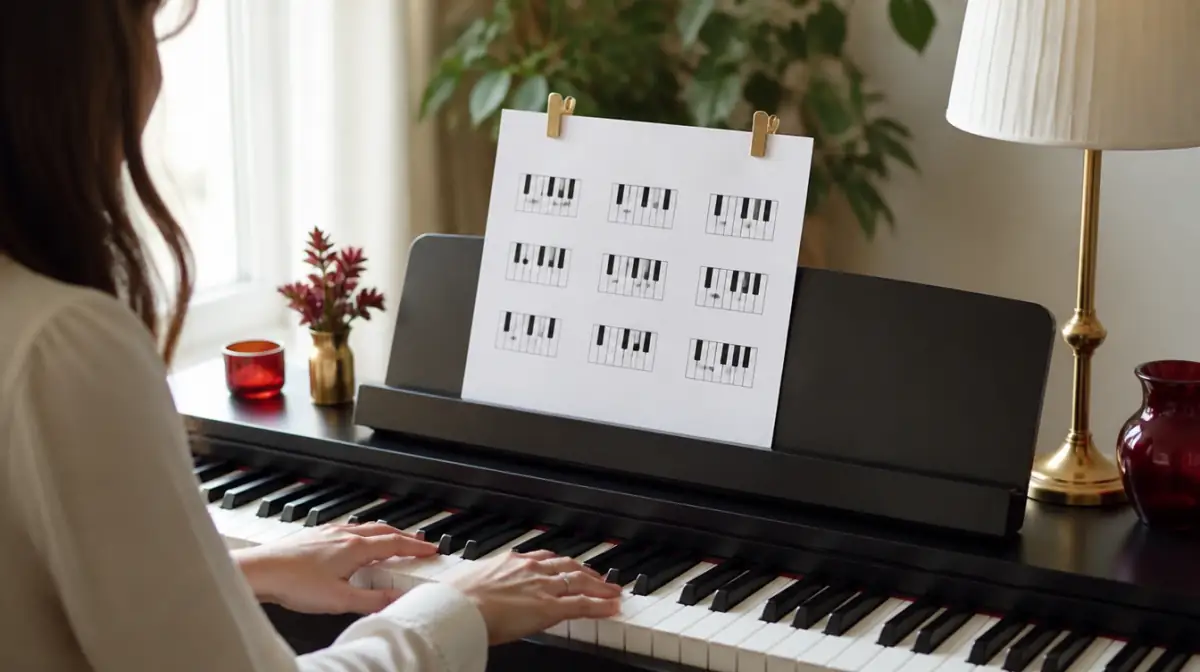 Printed piano chord chart clipped to the music stand of a digital piano, hands playing a chord