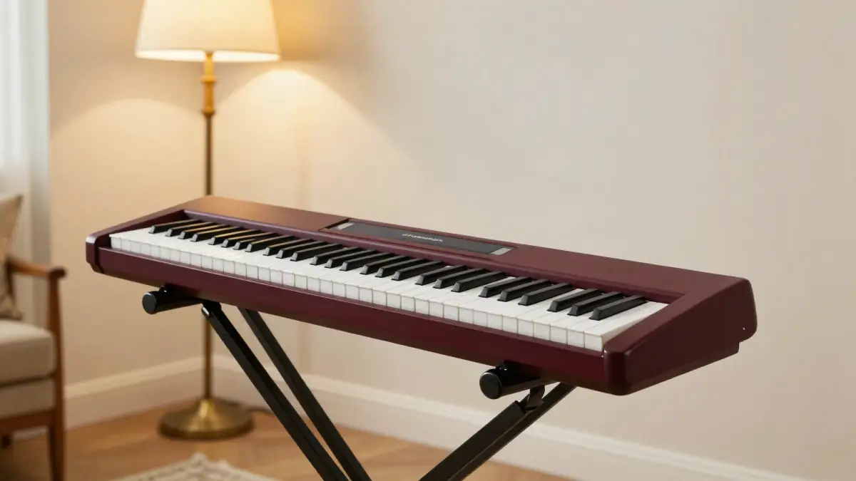 Affordable digital keyboard on a stand in a cozy room