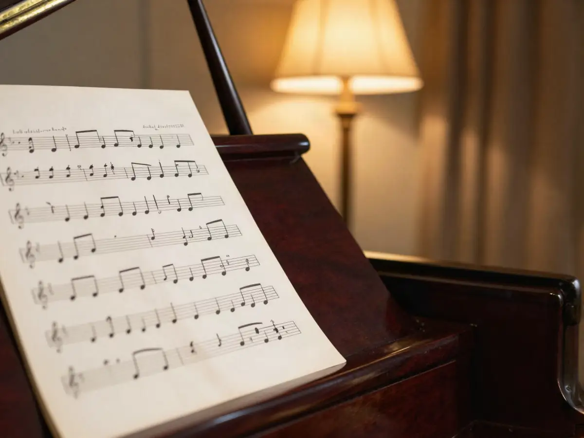 Printed classical sheet music on a grand piano music stand