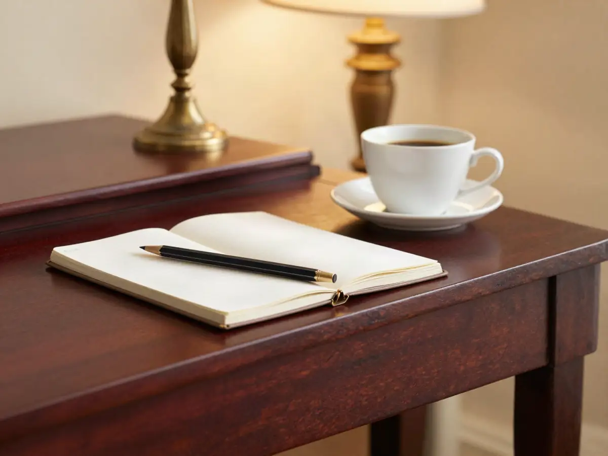 Notebook, pencil and coffee cup on a closed piano lid