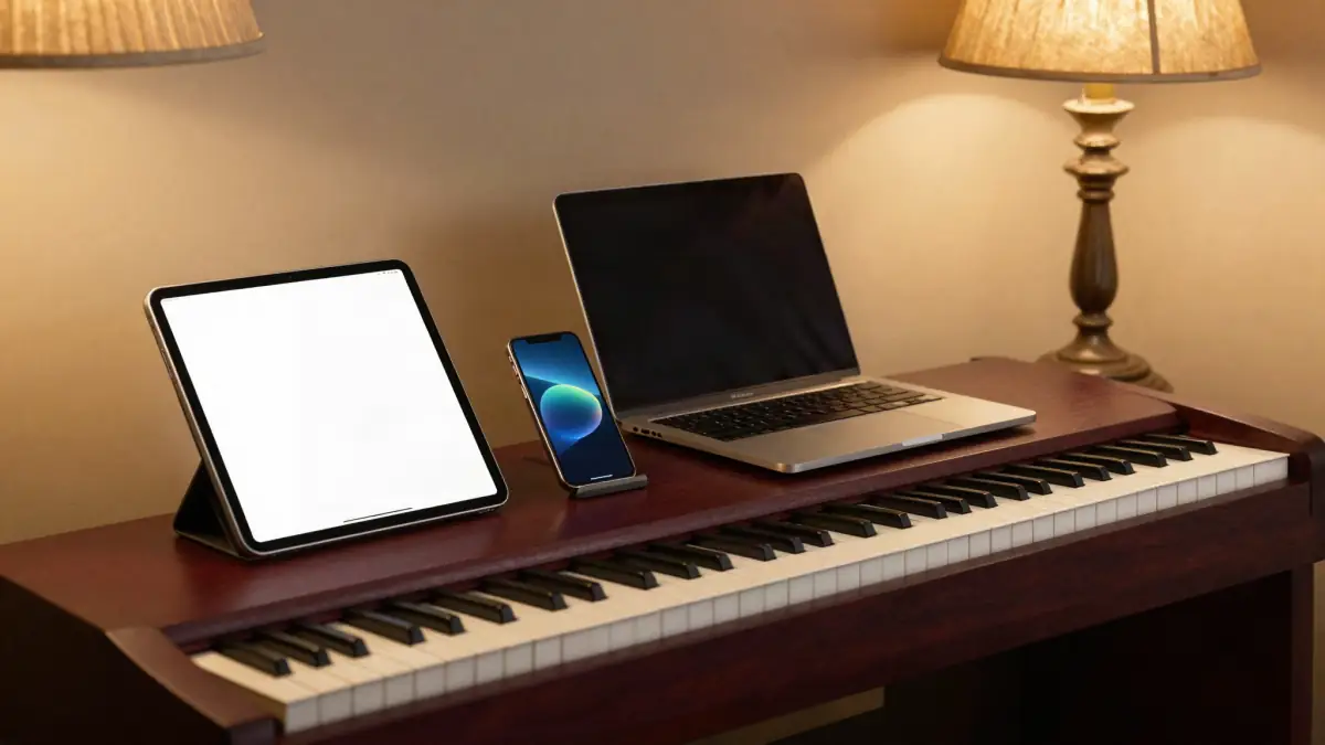 A laptop, tablet and phone showing online piano lessons next to a digital keyboard