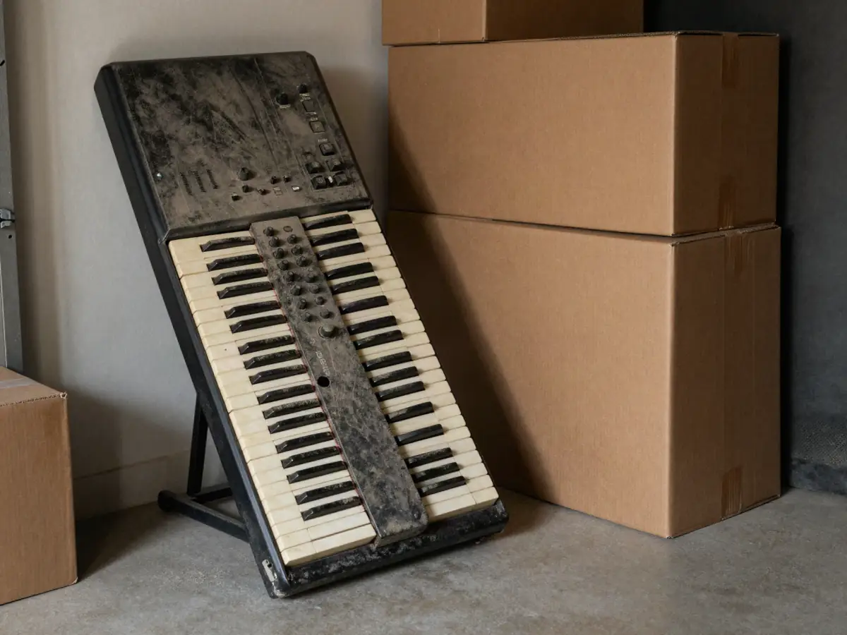 A digital keyboard covered in dust and mail in a quiet spare room