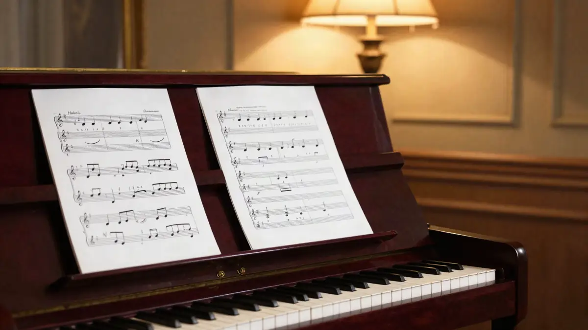 Piano keys with a chord chart on one side and sheet music on the other