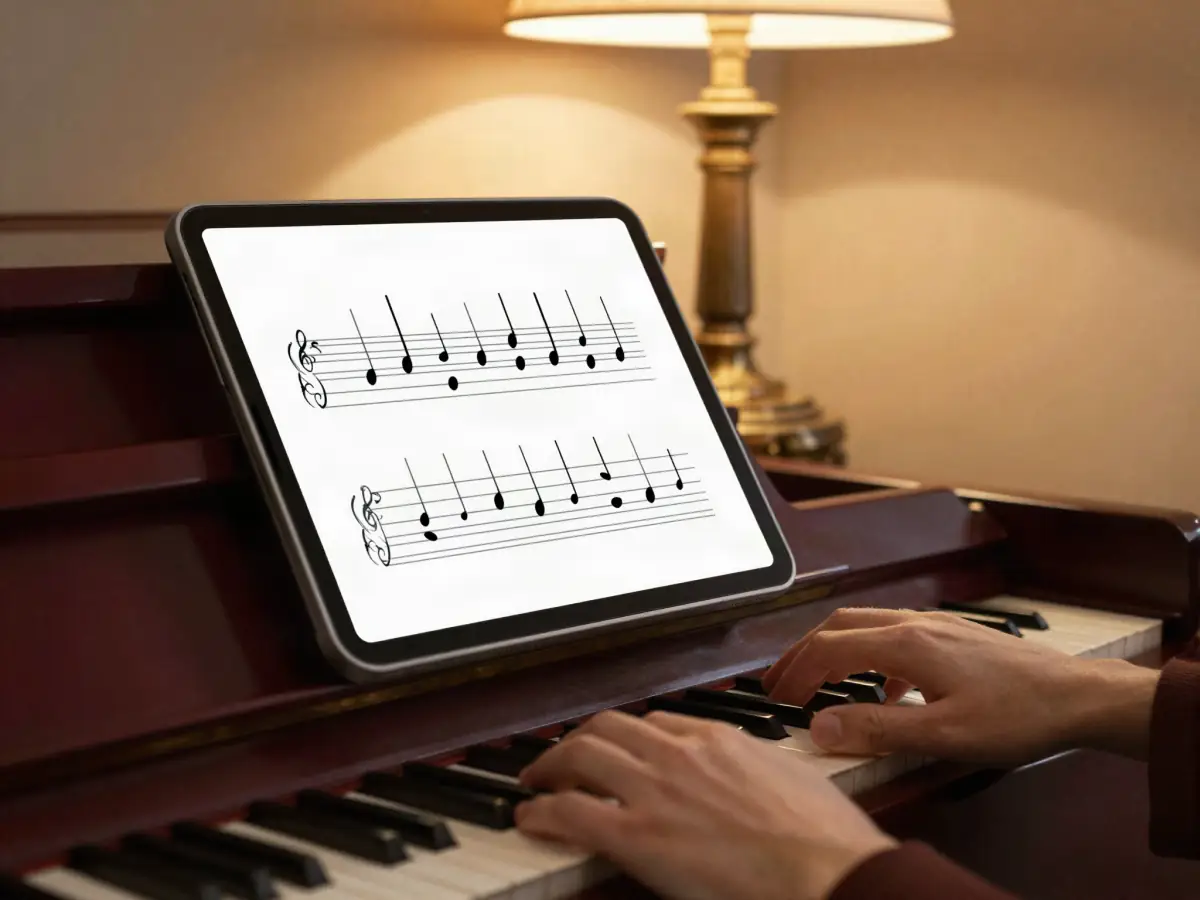 Tablet on a piano music stand showing a chord chart, with hands on the keys below