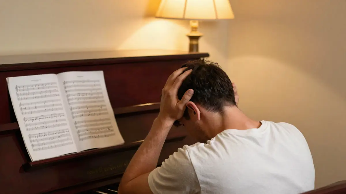 An adult beginner sitting at a piano looking frustrated after practice