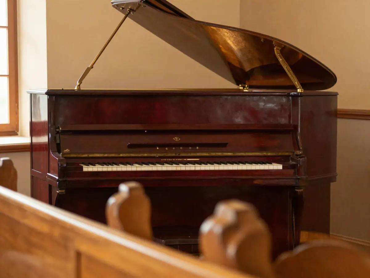 Piano in a quiet church sanctuary with warm light