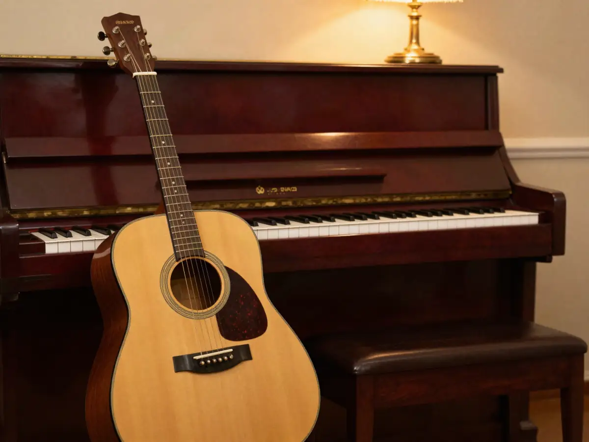 Acoustic guitar leaning against a digital piano in a living room
