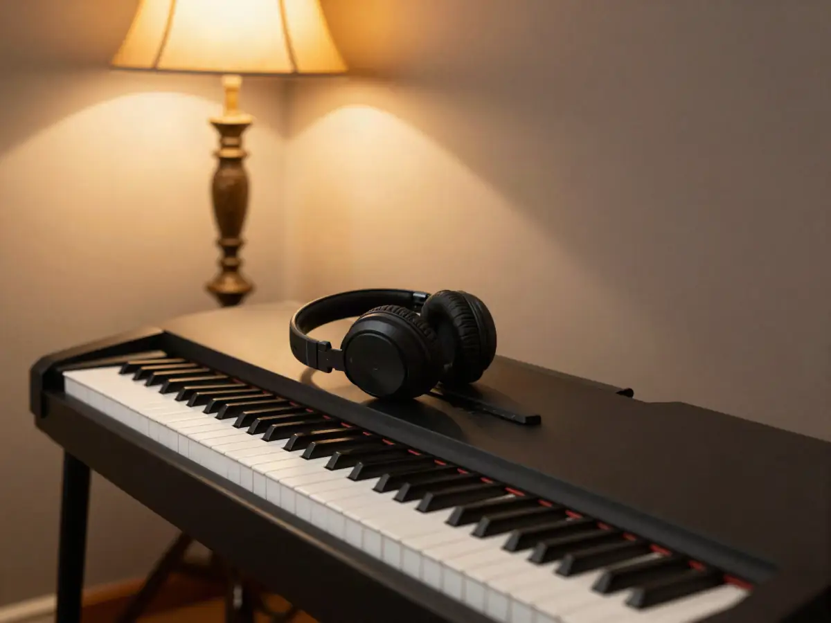Slim digital piano with headphones resting on the keys