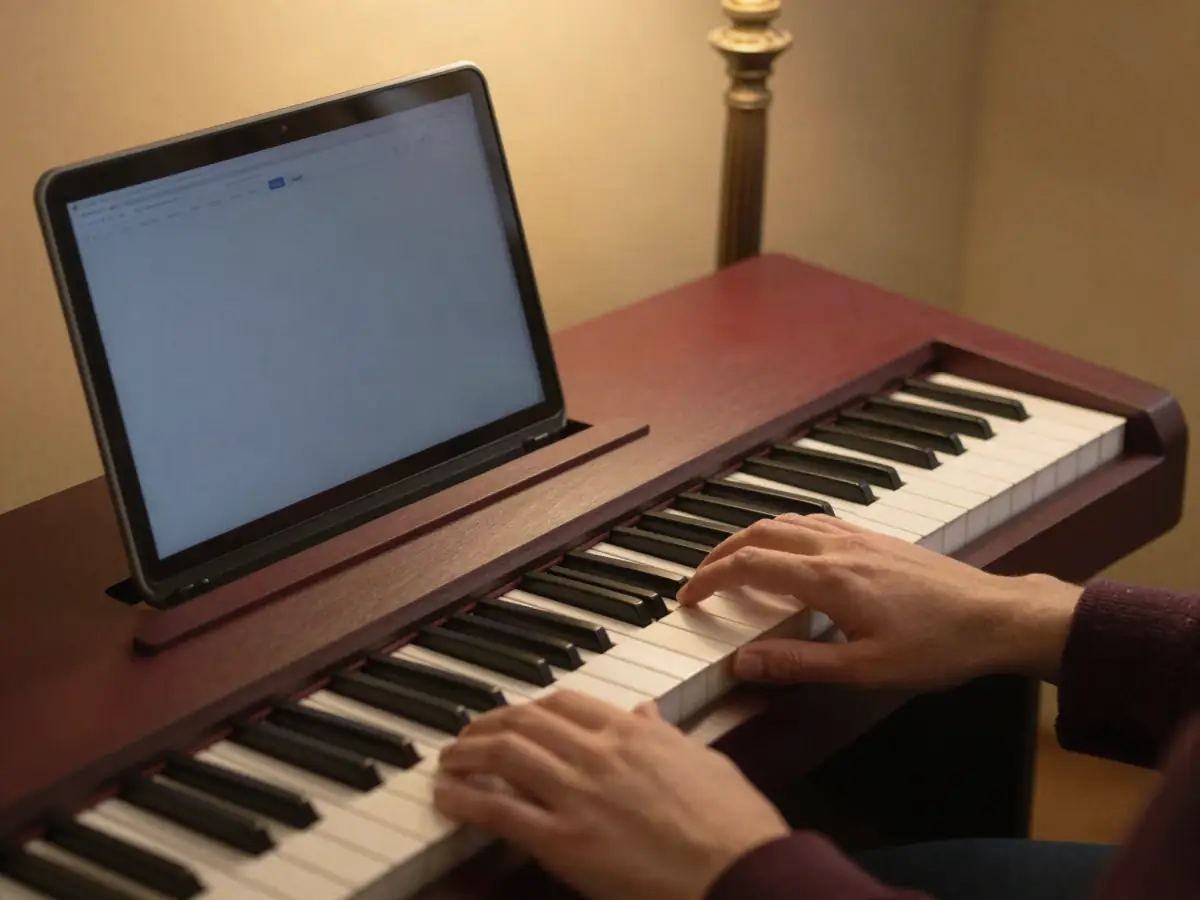 Laptop on a digital piano showing a lesson, with hands on the keys