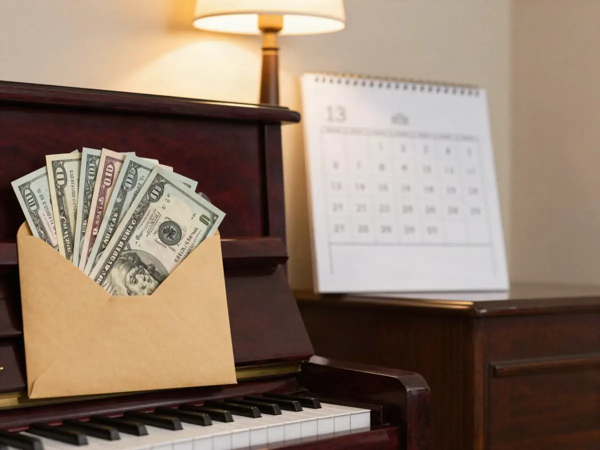 A calculator and a stack of bills next to a piano lesson notebook