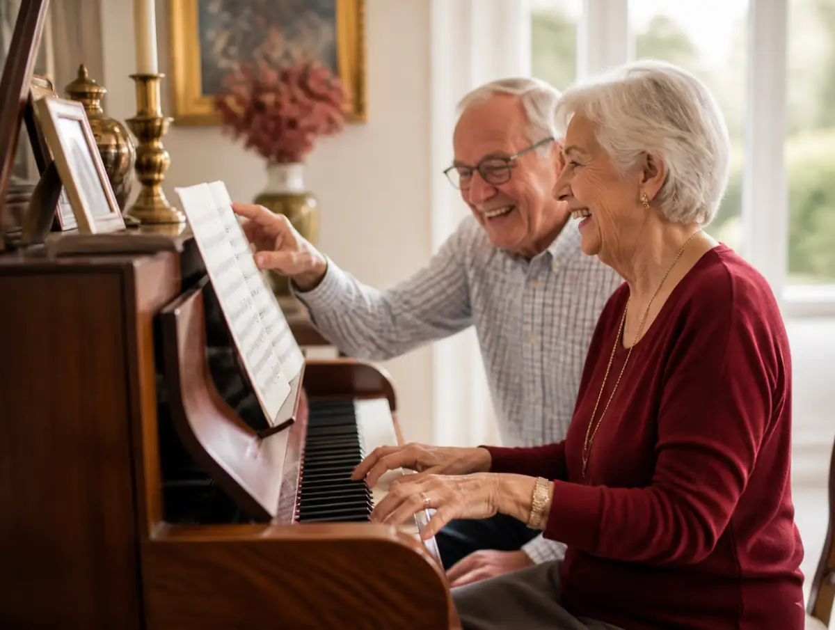 An older couple sitting together at a piano, one pointing at the keys