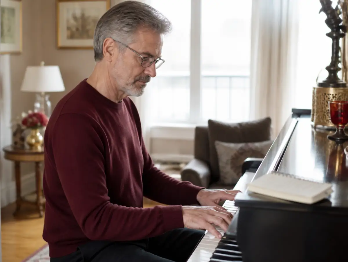 An older man in reading glasses leaning toward a music stand with large-print chord sheets