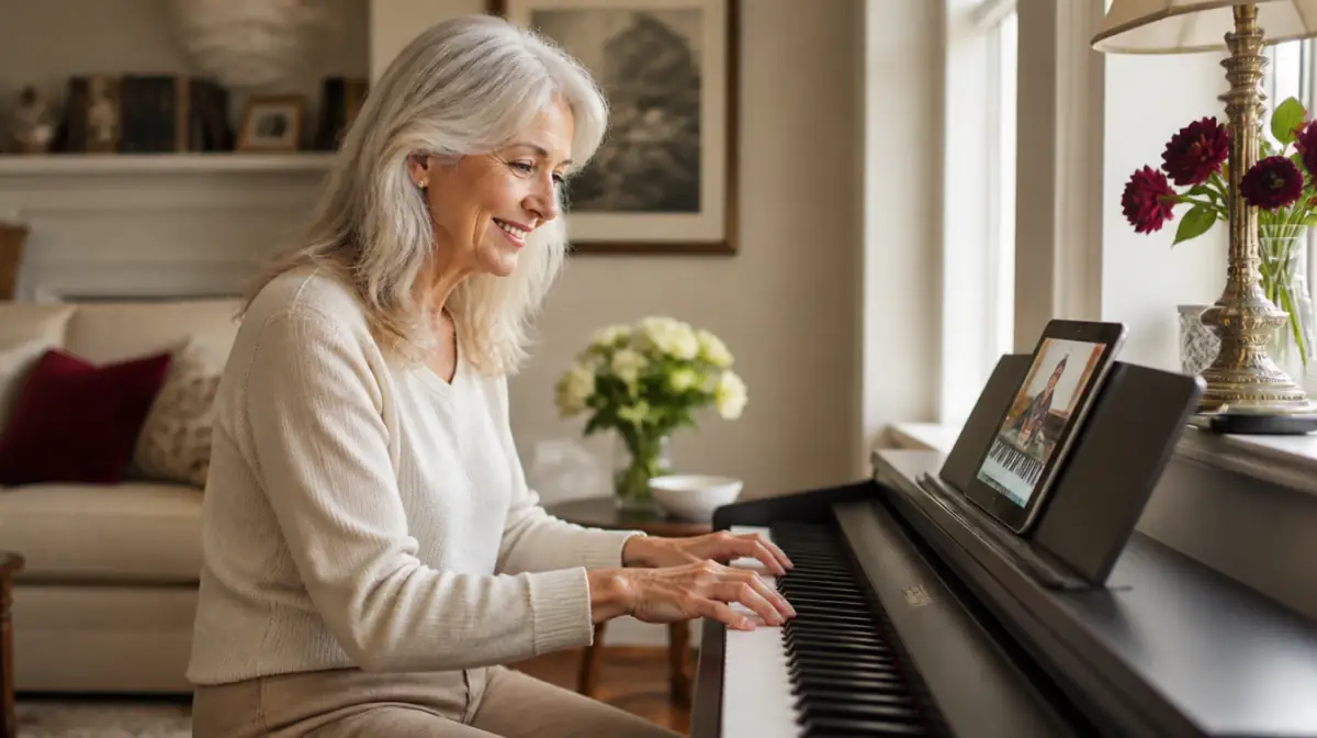 A woman in her early 70s smiling while learning piano with a lesson on a tablet