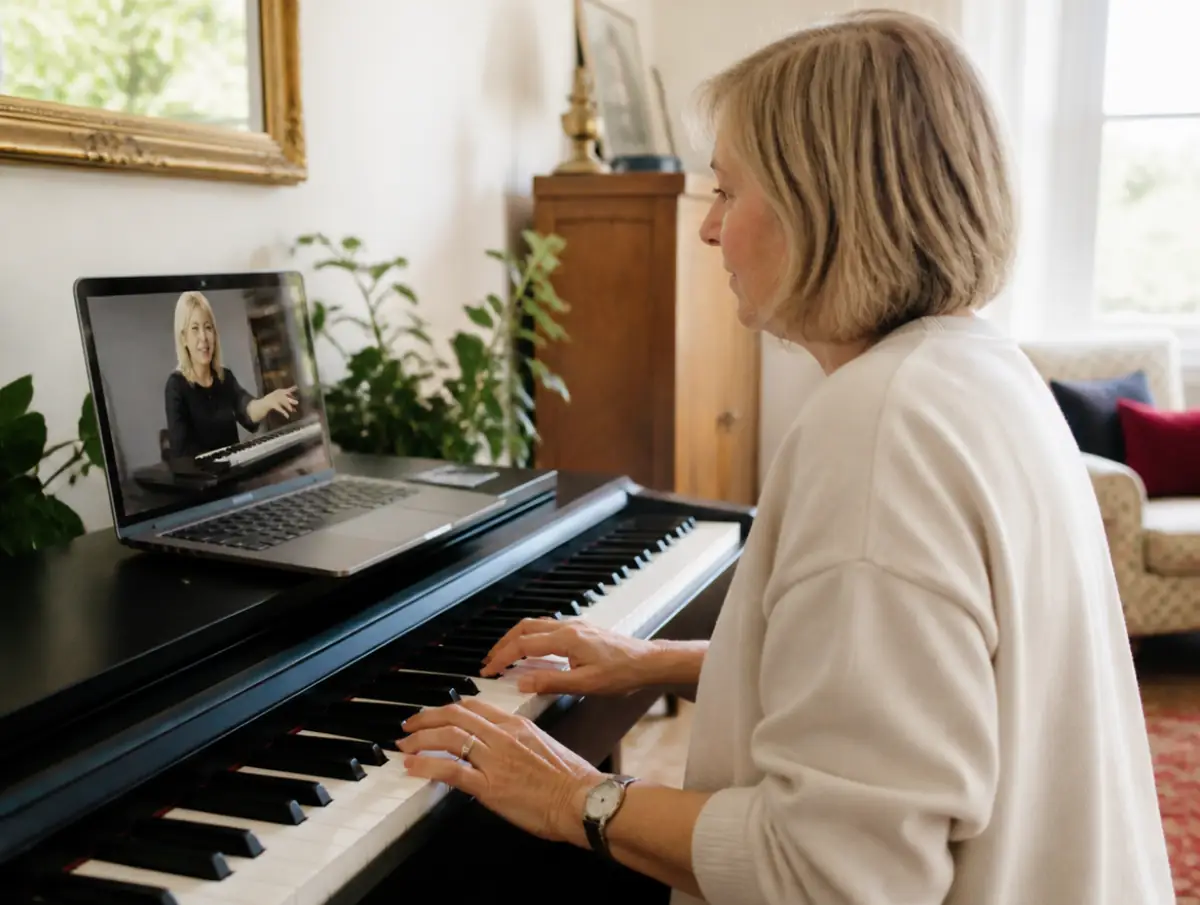 An older woman following a video piano lesson on a laptop placed above a keyboard