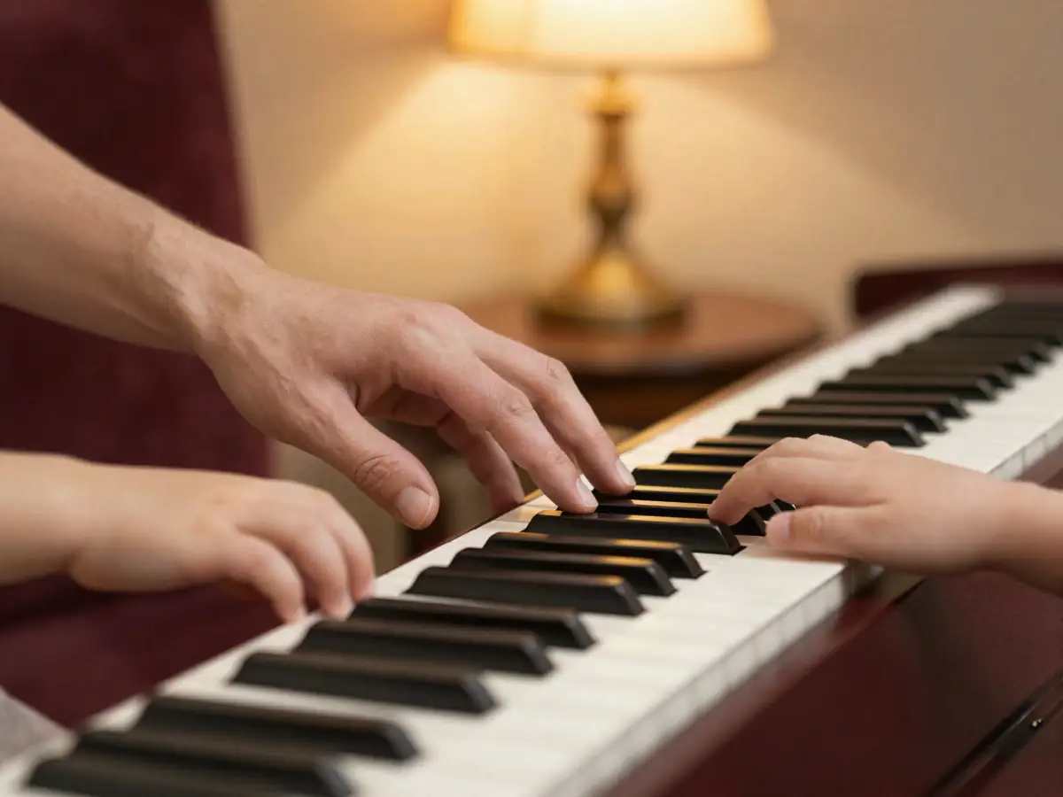 An adult's hands and a child's hands playing piano side by side