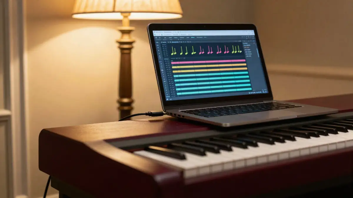 A piano learning app on a laptop above a digital keyboard