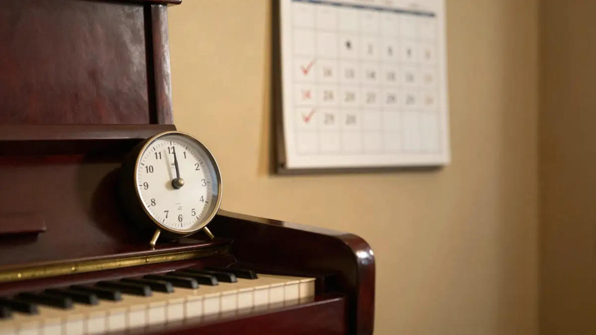 Practice timer on a digital piano beside a notebook