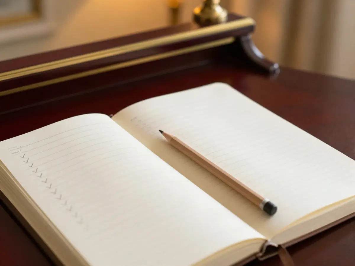 A practice notebook with chord names and dates next to a keyboard