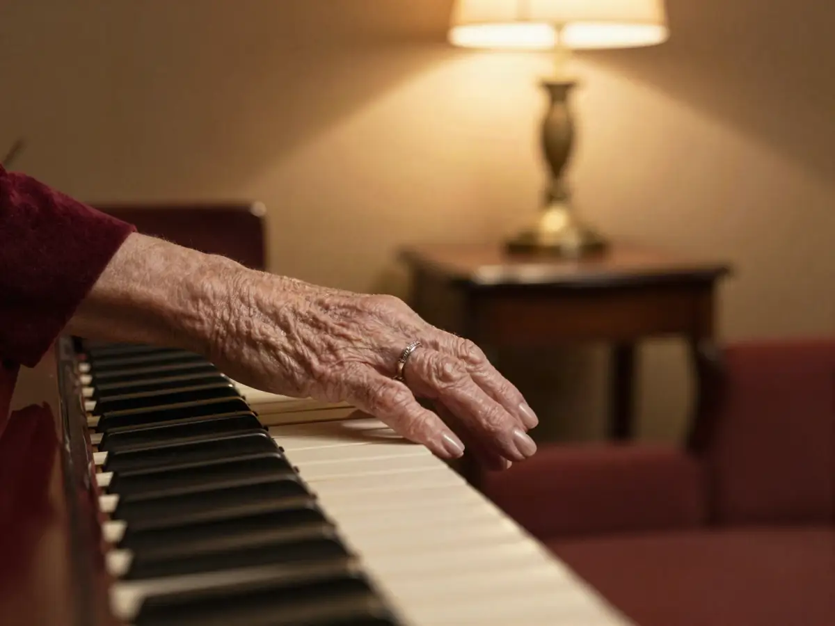 Older adult's hands playing piano keys