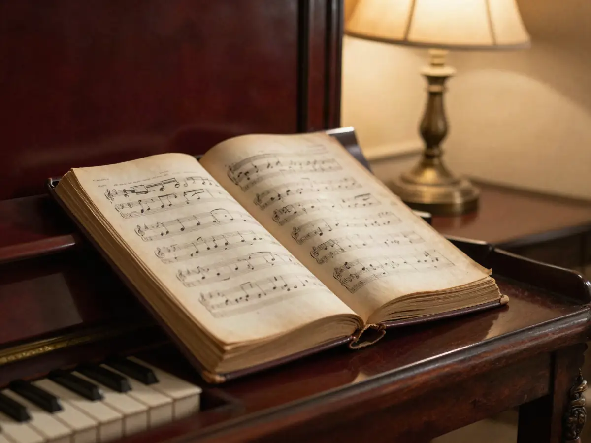 An open book of piano scale exercises on a music stand