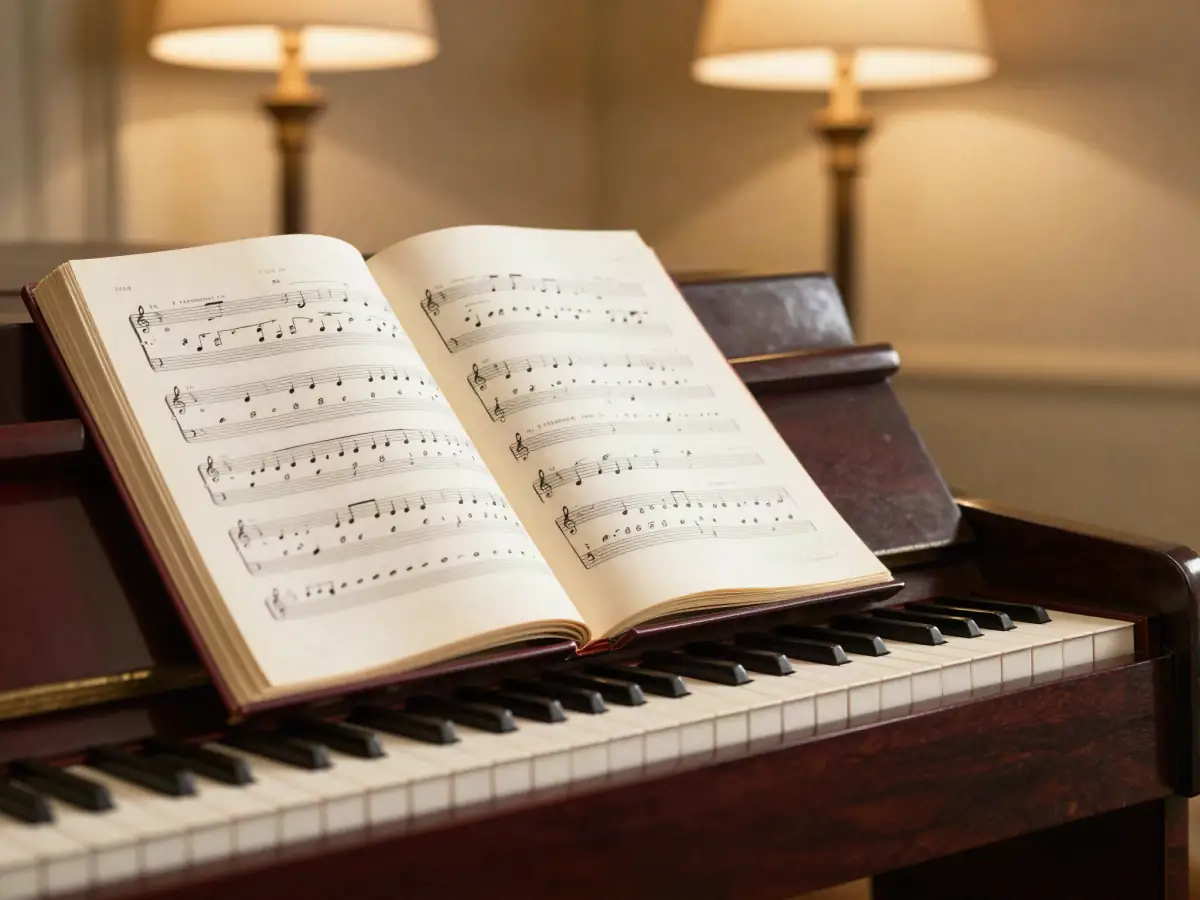 Open songbook with chord symbols on a piano music stand