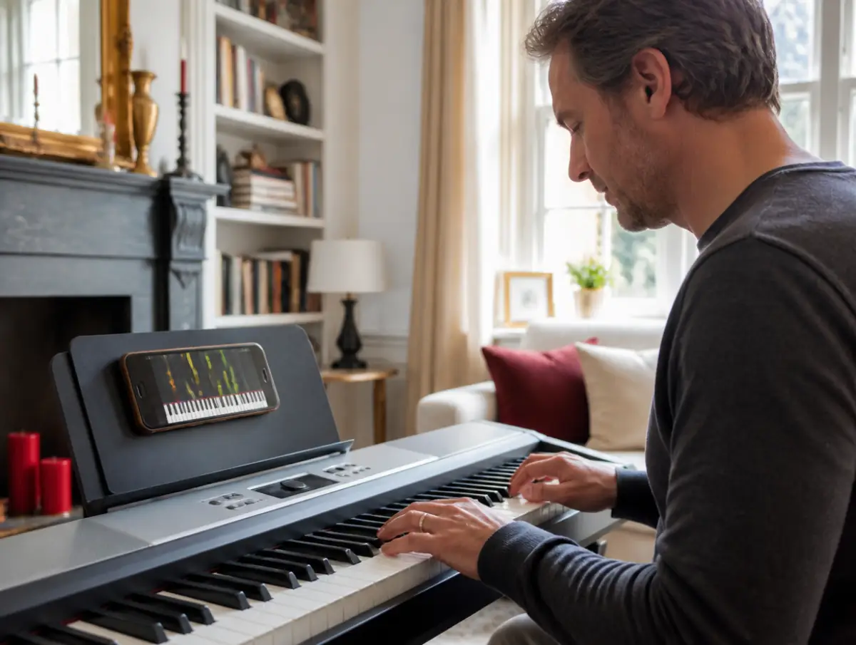 Phone on a piano music stand showing a falling-notes lesson app