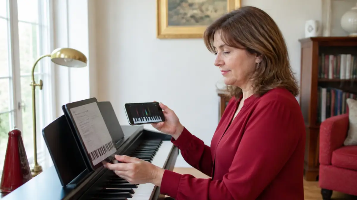 Woman at a digital piano choosing between a phone app with falling notes and a tablet ebook lesson