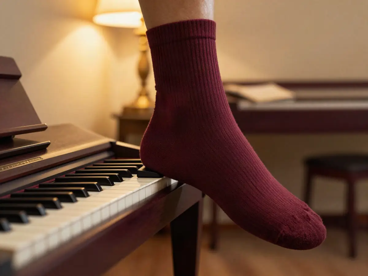 A sustain pedal on the floor under a digital piano