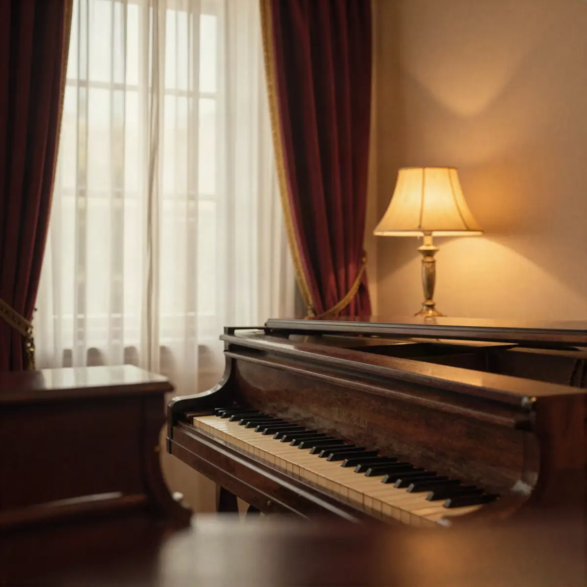 Ballads: a piano by sheer curtains in soft window light