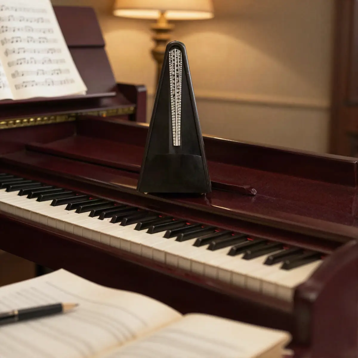 Classical: a piano with a metronome and a score