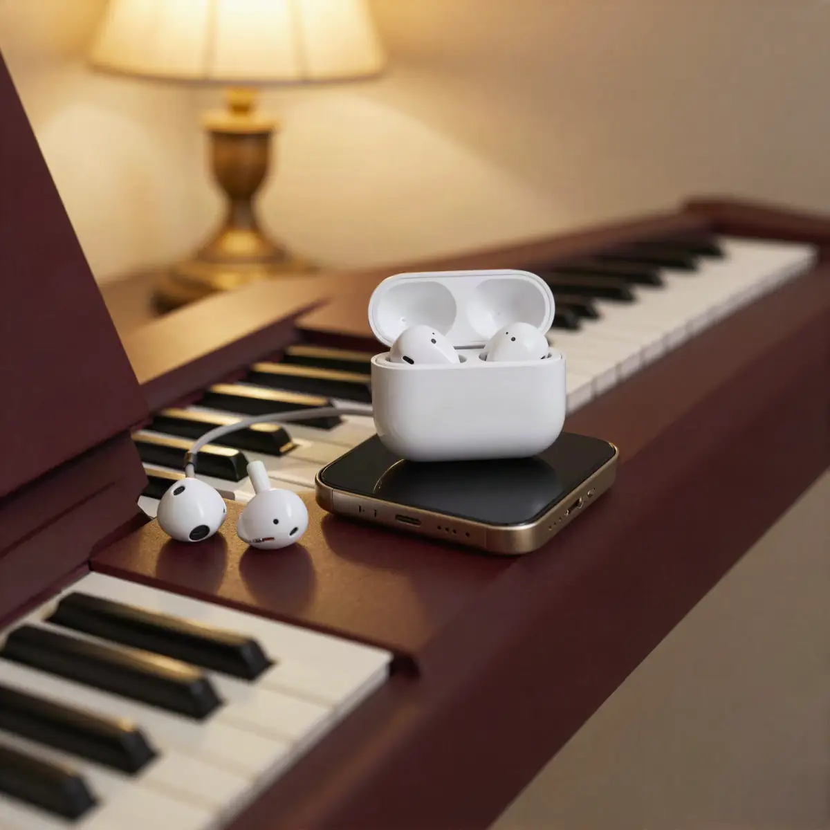 Pop and party style: phone and earbuds on a digital piano