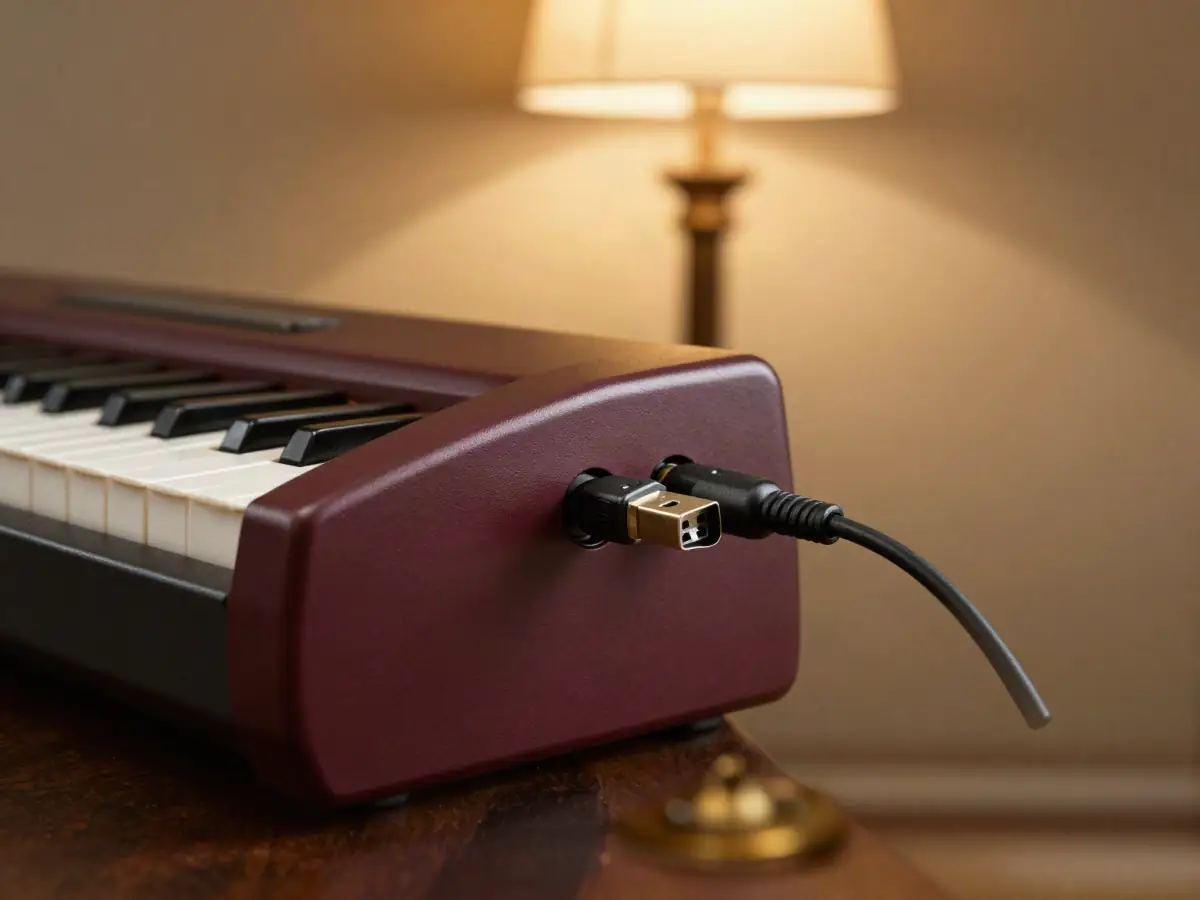 A USB MIDI cable connecting a digital keyboard to a laptop